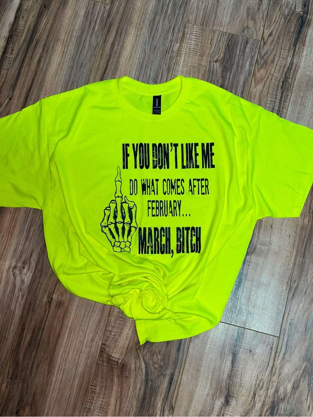 Gildan XL Neon Green Skeleton Hand Funny "March, Bth" Graphic Crew Tee
